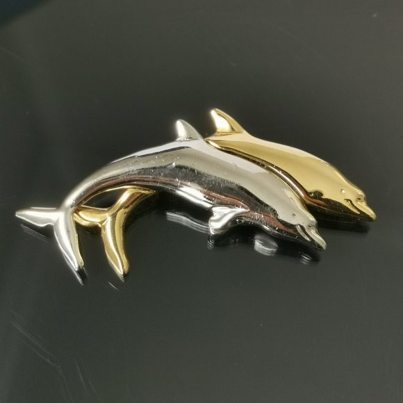 Vintage signed "LC" LIZ CLAIBORNE DOLPHIN PORPOISE PIN BROOCH gold & silver tone - Picture 1 of 5
